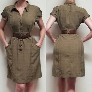 Vintage 90s Robbie Bee Olive Green Puff Sleeve Pleated Button Up Shirt Dress 14